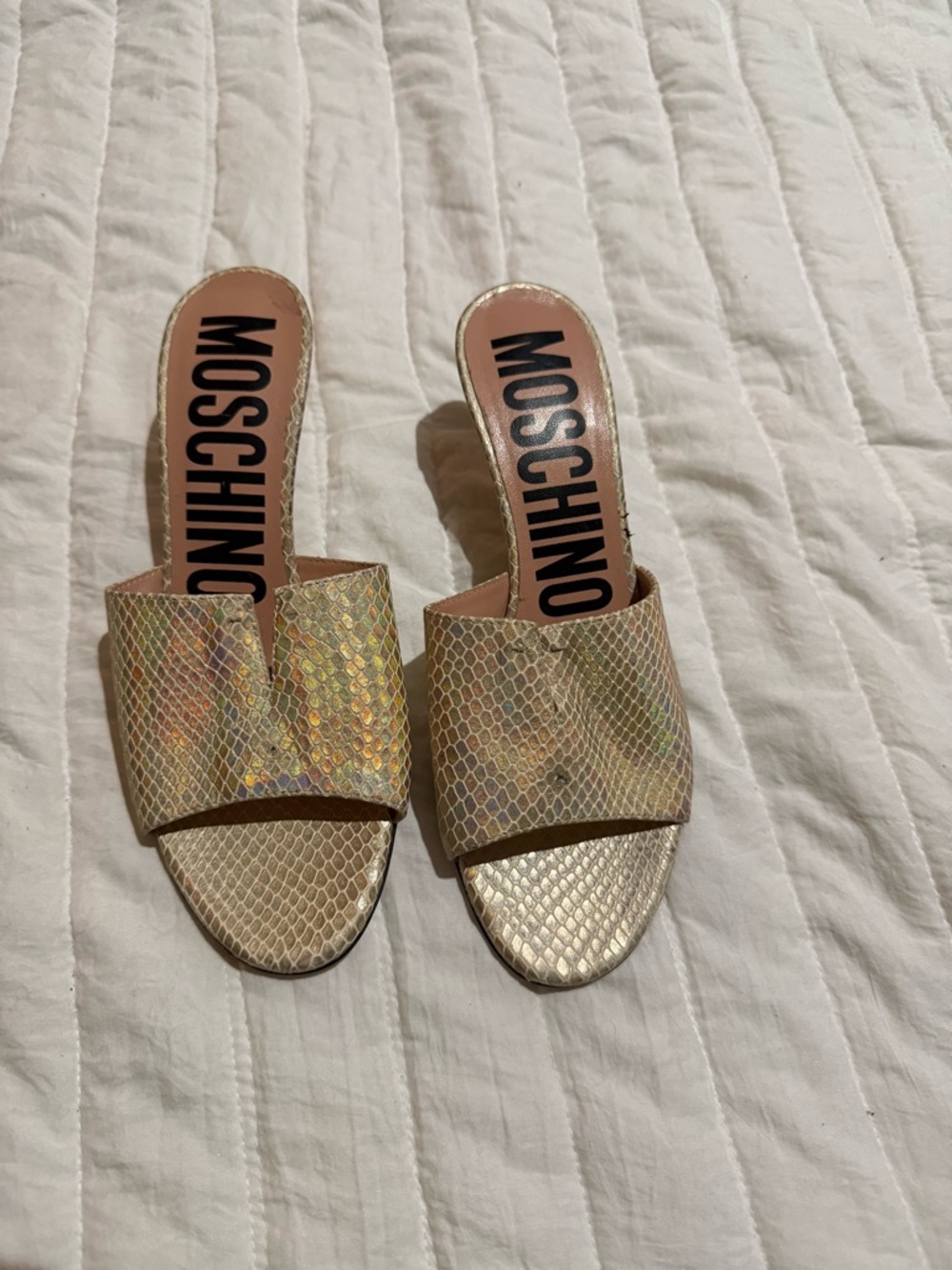 Moschino Gold Snake-Embossed Slide Mules